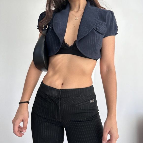 Vintage Jackets & Blazers - Vintage Y2K  blue pinstripe super crop blazer top